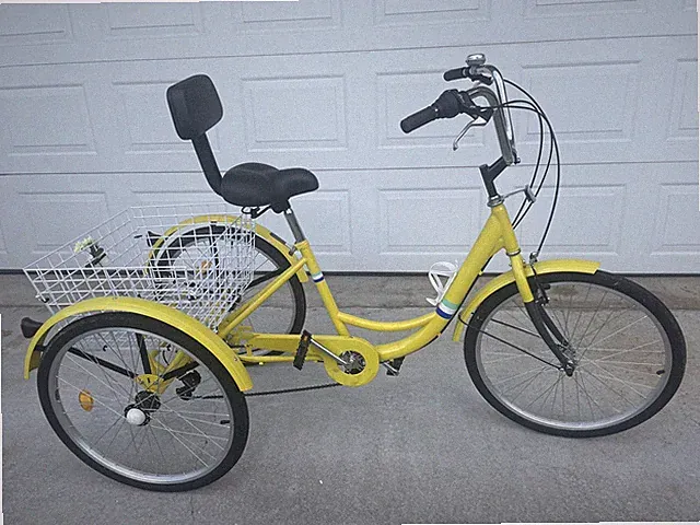 Tricycle, Adult, Bright Yellow, Extra large basket, 6 speed, Bell, Step through